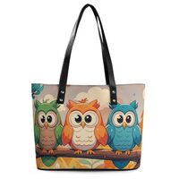 Classic PU Leather Tote Bag for Women, Large Capacity Lightweight Handbag with Zipper, 3 Owls Should