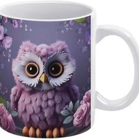 3D Owl Purple Pink Flowers Ceramic Coffee Mug - 11 oz Unique Space Design Cup, Gift for Men Women Wh