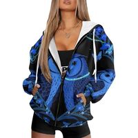 Pinupub Blue Owl Hoodies for Women Spring Loose Fit Long Sleeve Zip Up Hoodie with Kangaroo Pockets 