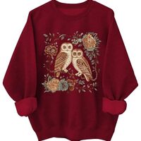 Floral Owl Sweatshirt Men Women Graphic Long Sleeve Hoodie Shirt, Floral And Owl Sweatshirt Claret
