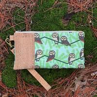 Saw-whet Owl Wristlet | Sustainable Cork, Linen, Hemp | eco-friendly gift for birder | zipper pouch