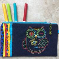 Denim small zipper pouch, 4.5x7 1/2 in cotton pouch with owl embroidery, Mask bag, Glasses case, Pas