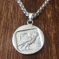 The famous Attica Athens Tetradrachm Owl Athena coin in Sterling Silver Jewelry Pendant Wisdom Gradu
