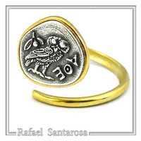 Tetradrachm Athena's Goddess owl coin adjustable ring on sterling silver oxidized and 18k gold f