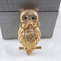 Vintage Jeanne Wise Owl Brooch, Gold Tone Pin, Lapel Pin, Bird Brooch