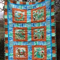 SALE PRICE Forest animals quilt, fox, owl, squirrel, hedgehog, deer, blue, orange, ideal gift, handm