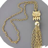 Gold Owl Tassel Vintage Necklace / Long Tassel Necklace / Vintage Bird Necklace / 70s Bohemian Owl N