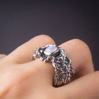 Sterling Silver Owls Signet Ring: Moonstone Forest Bird Jewelry