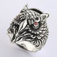 Owl Ring, Sterling Silver Red Eyes Owl Head Ring by SterlingMalee