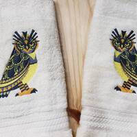 Owl bird art deco hand towel set custom embroidered