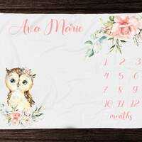 Floral Owl Milestone Blanket Girl Monthly Growth Blanket-Personalized Baby Girl Blanket with Blush F