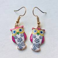 Owl Bird Earrings, Enamel Bird Dangle Earrings, Retro Earrings, Vintage Earrings, Costume Jewellery,