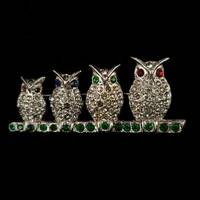 Vintage Deco Silver Plated Rhinestone Four Owls Perched On Branch Pin Brooch 2” / Owl Jewelry 
