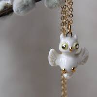 Owl Necklace, Tiny Ceramic Owl Pendant, Night Bird Charm, Small Cute White Bird Necklace, Snowy Owl 