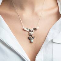 Owl Necklace with Larimar Stone, Magical Silver Owl Pendant, Dual-Use moving wings, Elegant Animal