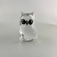 Vintage Franklin Mint Crystal Owl Figurine Made in France Sterling Silver Details, Small Glass Owl, 