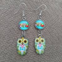 Owl design charms and cabochon earrings