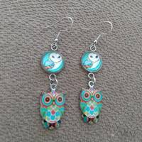 Owl design charms and cabochon earrings