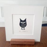 Linoldruck, kleine schwarze Eule, Nachteule, Lino Print small black Nightowl, Owl, original with/mit