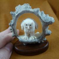 little small white Horned Owl of shed ANTLER crown base figurine Bali detailed carving of shed Moose