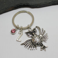 Flying Owl Keyring: Personalized Birthstone Initial Charm
