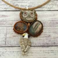 Beaded necklace-jasper stones -Owl  necklace-boho necklace-bead embroidered necklace- one of a kind 