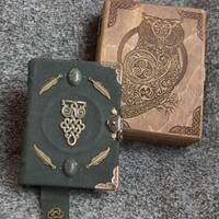 Owl themed Celtic style handmade leather green paper notebook  in wooden box