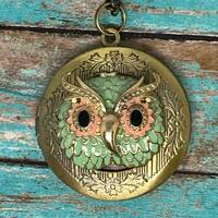 Olive Green Owl Antique Gold Fancy Round Locket Elegant Treasure - pill box - photo keepsake spring