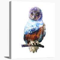 Watercolor Painting Double Exposure of Owl on Tree and Forest & Mountain Wrapped Canvas Print Wa