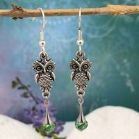 Little Owl Earrings with Green Crystal Drops, Owl Gifts, Handmade Solid Pewter