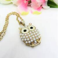 White owl necklace Enamel painted bird pendant Cute wise owl Teen gift Vintage bird jewelry Gift for