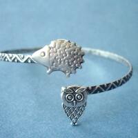 hedgehog bracelet with an owl, wrap style, animal bracelet, charm bracelet, bangle