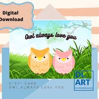 Owl always Love You Greeting Card, Blue background, cake, 5" x 7" greeting card, Birthday 