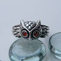 Owl CZ Sterling silver ring, Red CZ owl ring, Mens owl ring - womens silver ring, 925 silver ring
