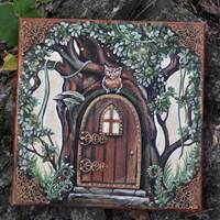 Fairy Tree Painting: Original Acrylic Canvas Art, Owl & Magic Forest Hourse