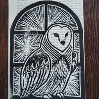 Barn Owl In Window Linocut Print on Book Page, Owl / Bird Block Print, Art Print (5in x 7in)