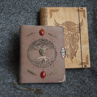 Owl themed Celtic Handmade leather craft paper notebook in wooden box