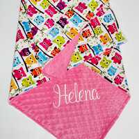 Personalized Pink Owl Baby Blanket, Custom Monogrammed Toddler Lovey
