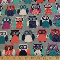 Flannel/Owls on gray background cotton fabric
