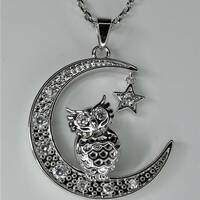 Handmade Owl on Moon Pendant: Moving Star Charm, Cubic Zirconia