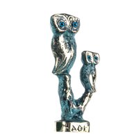 Set Owls of Athens Wisdom Solid Bronze Green-Gold Handmade 4.1 Inches