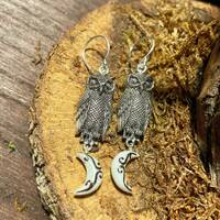 Goddess Designs / Details Owls with Celtic Swirl Bone Moon Dangle Sterling Silver Earrings