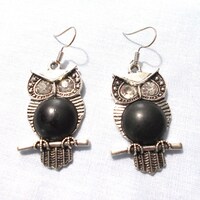 HOOT OWL with Crystal Eyes and Black Howlite Breast Belly SP Dangle Pair of Earrings Hook Wire Posts