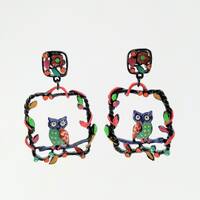Hand-Painted Owl Earrings - Aesthetic Colorful Enamel Bird Earrings, Boho Botanical Jewelry, Cute An