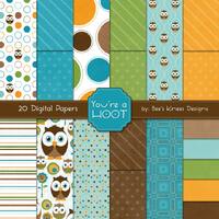 Owl Digital Paper Pack green orange brown turquoise baby boy - instant download