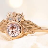 Peach Morganite Engagement Ring Owl Style Morganite Bridal Ring Unique Art Deco Morganite Wedding Ri