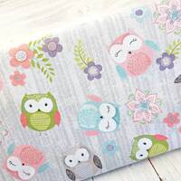 Owl Fabric, 100% Cotton, Nursery Fabric, Bird Floral Print, Woodland Material, Quilting Sewing Craft