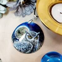 Russian jewelry: Moon night and Eagle owl on lacquer pendant in Soviet Fedoskino style. Outstanding 