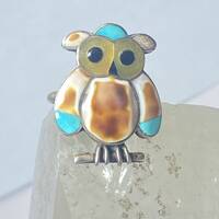 Owl ring Navajo turquoise MOP Onyx southwest sterling silver women size 7