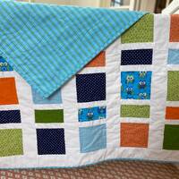 Handmade Baby Quilt: Adorable Owls, Green, Blue, Orange, White (47-1/2 x 40 inches)